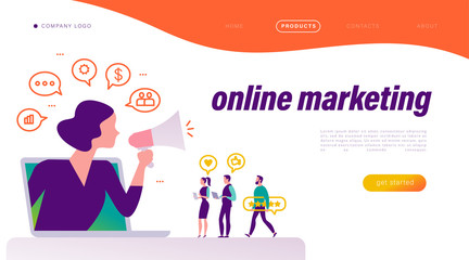 Online marketing concept. People at laptop with review icons, woman with megaphone metaphor. Communication, strategy, finance icons. Landing page design template. Vector flat illustration. 