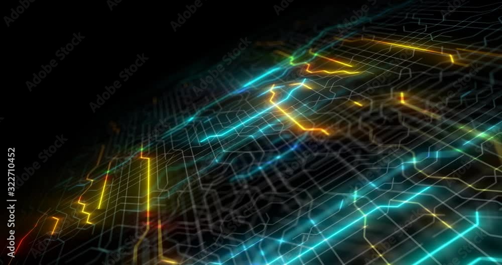 Poster circuit board futuristic server code processing. orange, green, blue technology background with boke