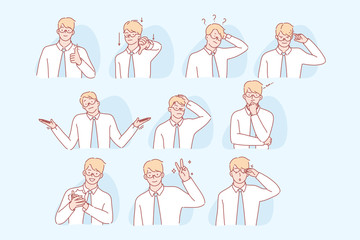 Businessmans gestures and facial expresion set concept