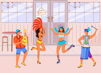 Brazilian carnival flat color vector illustration. Dancing women in festive clothing. Ethnic holiday. Standing males playing ukulele and conga 2D cartoon characters with cafe on background