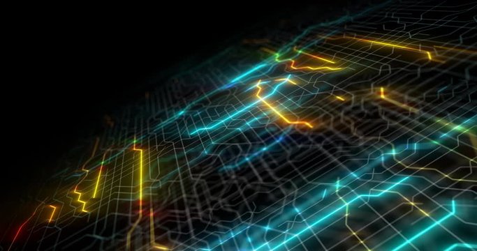 Circuit board futuristic server code processing. Orange, green, blue technology background with bokeh. 3d Printed circuit board futuristic server. 3D render, 4K seamless loop