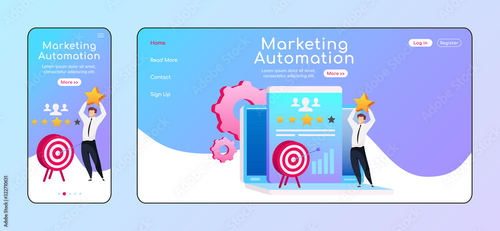 Poster marketing automation adaptive landing page flat color vector template. smiling male with star mobile