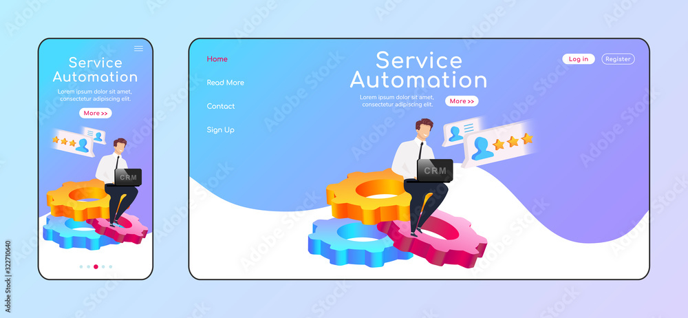Poster service automation adaptive landing page flat color vector template. male sitting on cogwheels mobil