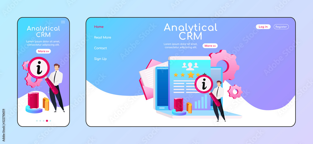 Aufkleber analytical crm adaptive landing page flat color vector template. male with magnifying glass mobile, 