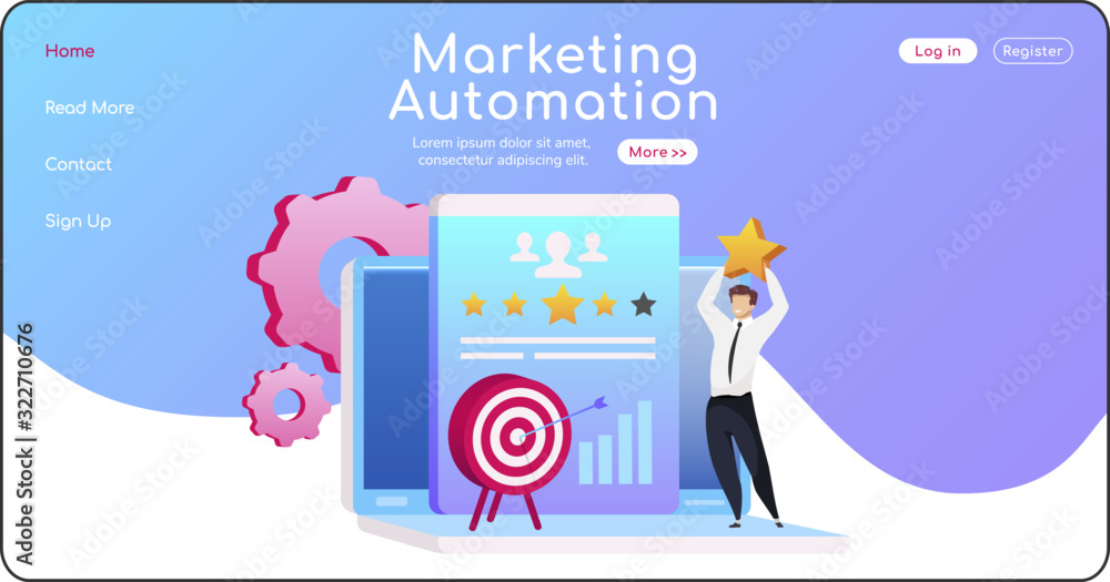 Poster marketing automation landing page flat color vector template. man keeps star homepage layout. arrow 