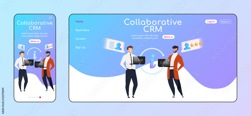 Poster collaborative crm adaptive landing page flat color vector template. smiling businessmen mobile, pc h