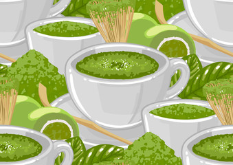 White round cups of matcha tea surrounded by green powder, leaves, whisk and mochi desserts.