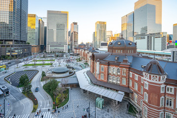 Sunset at Tokyo city with view of Tokyo train station in Japan