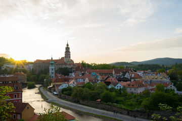 Cesky Krumlov skyline with sunset in Cesky Krumlov, Czech Republic