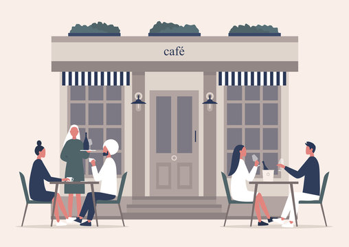Summer cafe terrace, people drinking coffee and champagne outside on a sidewalk