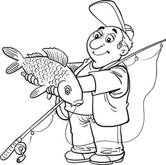 Fototapeta premium Happy fisherman character hold big fish. 