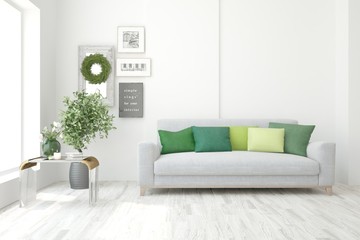 Stylish room in white color with sofa. Scandinavian interior design. 3D illustration
