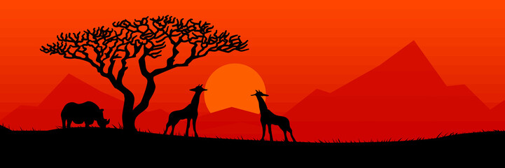 Silhouette vector with wild animal and ancient tree at sunset.