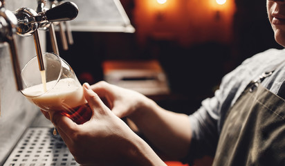 Light craft cold beer pour in glass from crane in pub