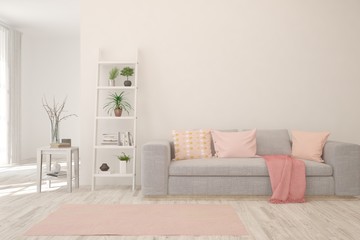 Stylish room in white color with sofa. Scandinavian interior design. 3D illustration