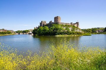 A summer's day view of Pembroke Castle, which is a medieval castle in Pembroke, Pembrokeshire,...