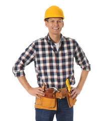 Handsome carpenter with tool belt isolated on white