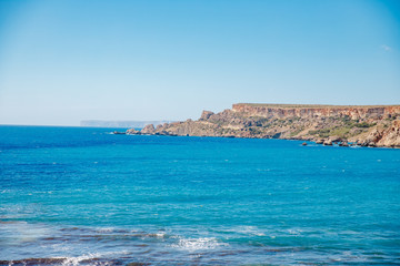 Golden Bay Malta summer tourist resort beach azure water sea, . Concept travel