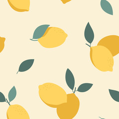 Obraz premium Seamless food pattern with yellow lemons and green leaves of pastel colors. Citrus fruits trendy hand drawn texture. Vector background for paper, cover, fabric, interior decor.