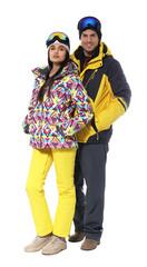 Couple wearing stylish winter sport clothes on white background