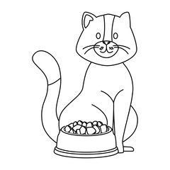 cute little cat with dish food line style icon vector illustration design