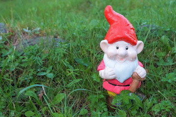 garden dwarf in garden, gnome decoration.Figure of a garden gnome in the grass.decoration of...