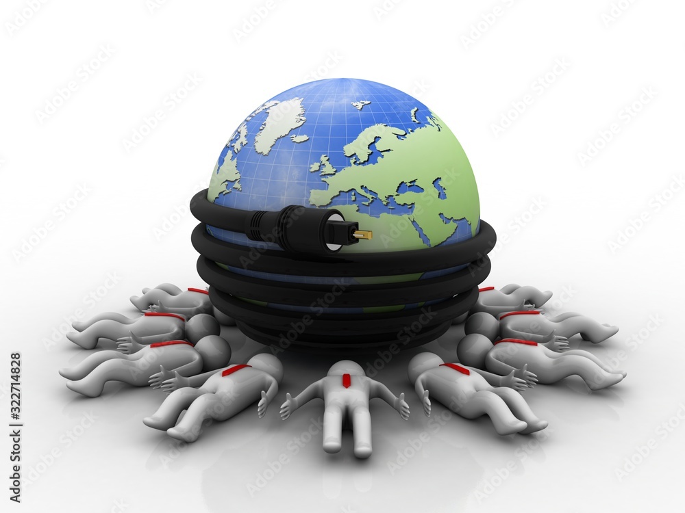 Poster 3d rendering aux cable connected globe around computer technician