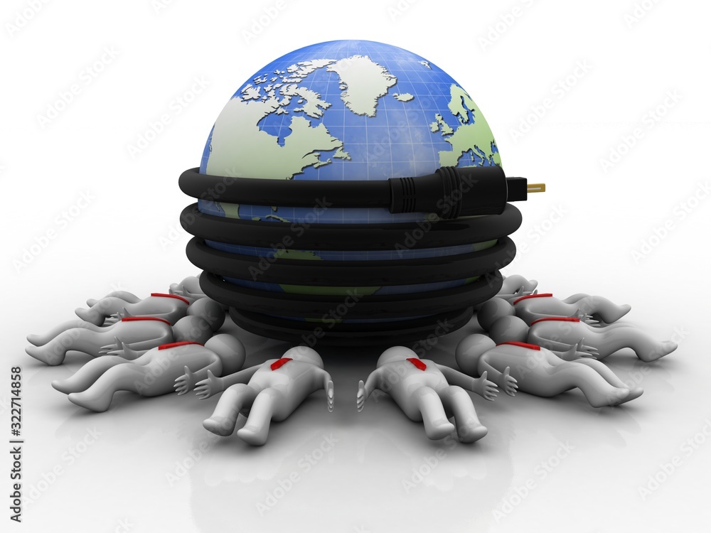 Poster 3d rendering aux cable connected globe around computer technician