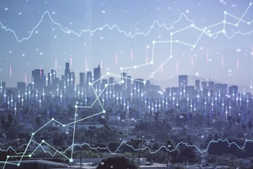 Forex chart on cityscape with skyscrapers wallpaper multi exposure. Financial research concept.