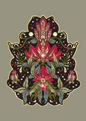 Patch embroidery imitation. Decorative motif in retro, vintage, jacobean embroidery style. Vector illustration.