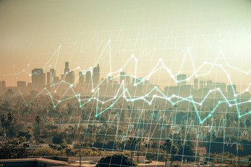 Forex chart on cityscape with skyscrapers wallpaper multi exposure. Financial research concept.