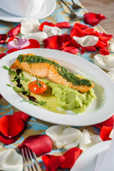 salmon steak with mashed potato