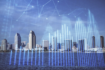 Forex chart on cityscape with skyscrapers wallpaper multi exposure. Financial research concept.