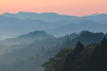 Obraz premium 山と森林の朝焼けの風景