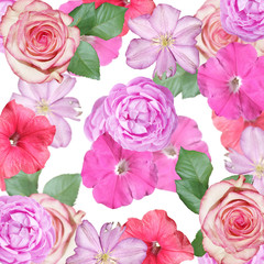Beautiful floral background of roses, petunias and clematis. Isolated