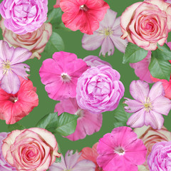 Beautiful floral background of roses, petunias and clematis. Isolated