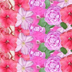Beautiful floral background of roses, petunias and clematis. Isolated