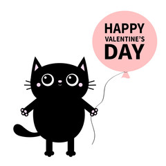 Happy Valentines Day. Black cat holding balloon. Pink paw print. Kitty reaching for a hug. Funny Kawaii animal. Baby card. Cute cartoon character. Pet collection. Flat design White background.