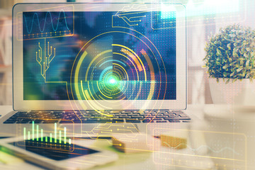Multi exposure of desktop computer and technology theme hologram. Concept of software development.