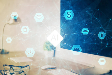 Double exposure of desktop computer and technology theme hologram. Concept of software development.