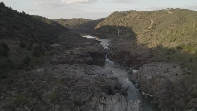 Pulo do Lobo waterfall drone aerial view in Alentejo, Portugal
