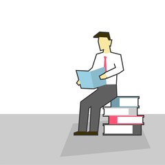 Businessman sits on pile of books and holding an open book in his hands. Vector illustration.