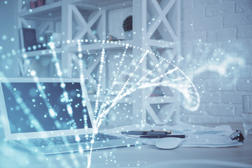 Desktop computer background and DNA drawing. Double exposure. Science concept.