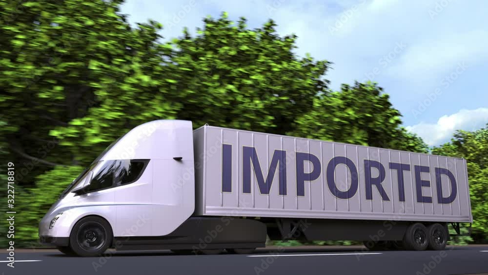 Poster trailer truck with imported text on the side. loopable 3d animation