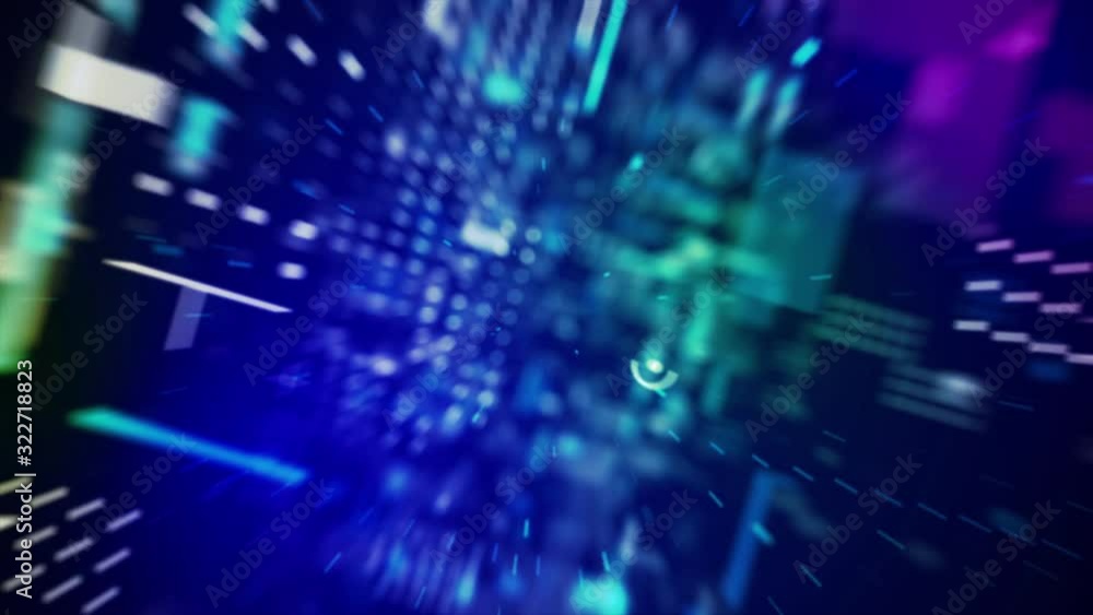 Poster 3d rendering abstract background flying pass through block and pixel element for cyber futuristic an