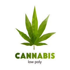 Green fresh hemp leaf. Hemp isolated. Bright and colorful leaf of marijuana in low poly