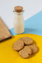 Chocolate cookies with milk. Nutritious and delicious breakfast