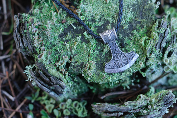Thor's hammer on a moss covered stump