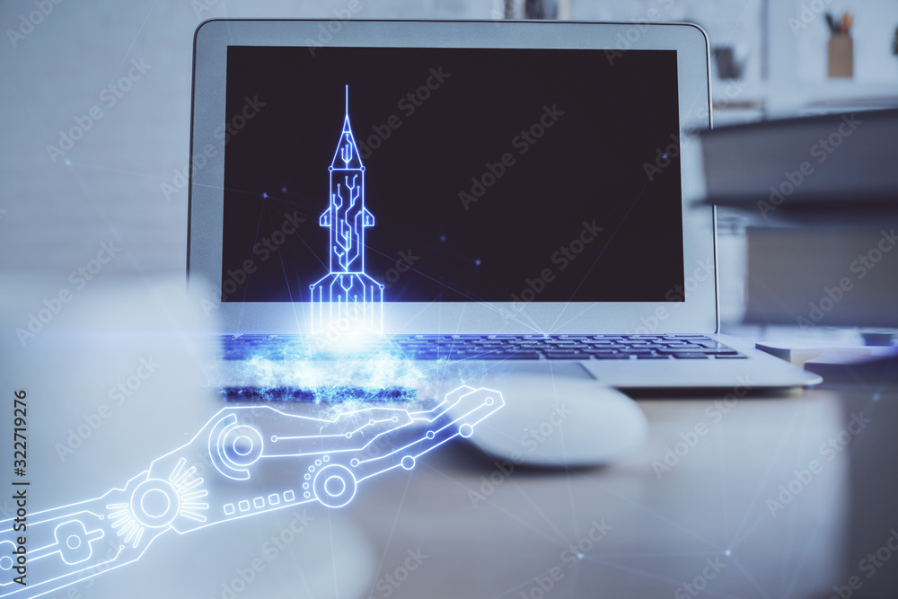 Poster desktop computer background in office and start up theme hologram drawing. double exposure. startup 