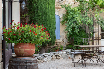 A terracotta pot with a beautiful plant with red flowers in the courtyard of a house in Provence,...
